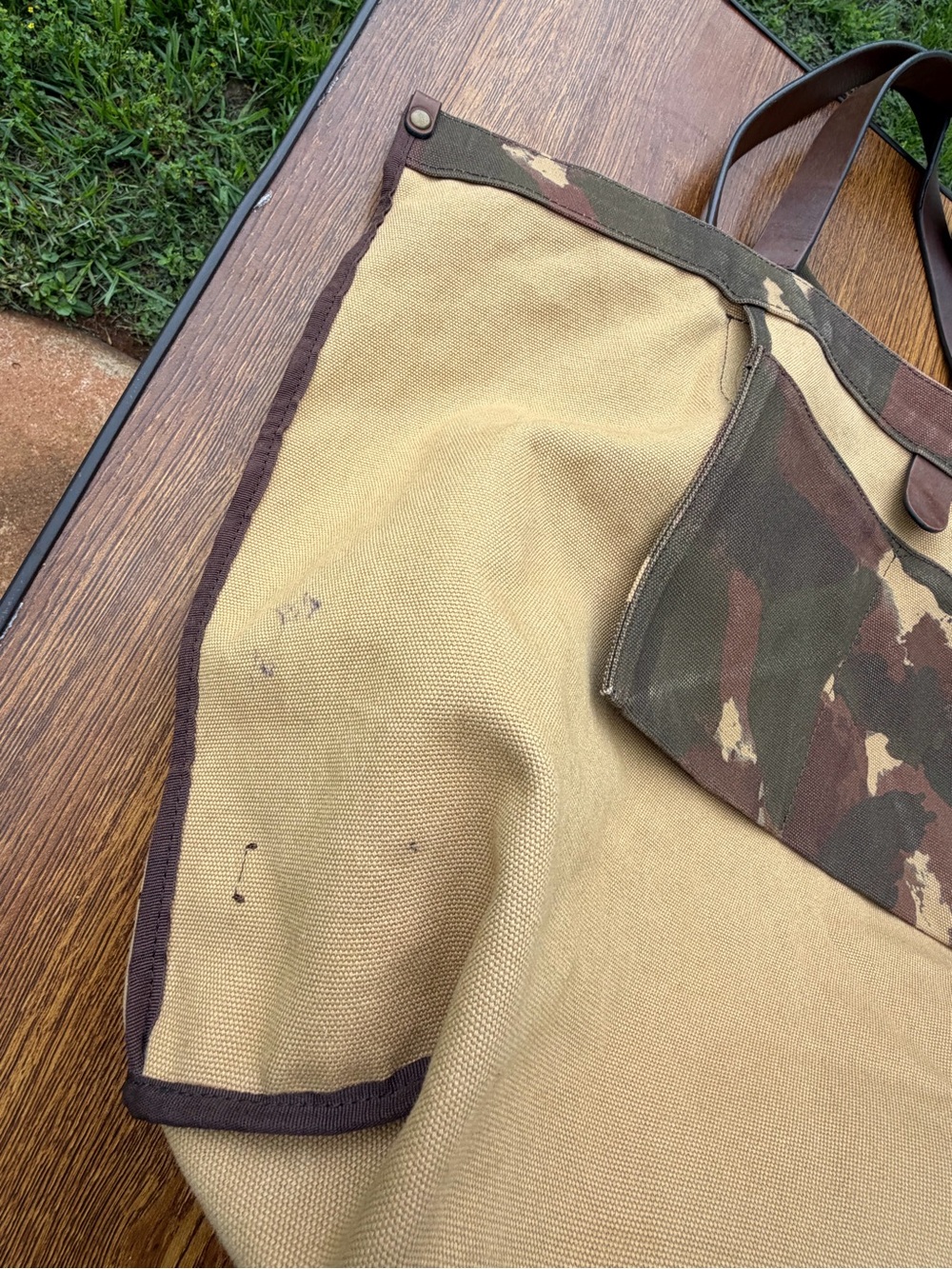 Frye Camo Canvas Leather Tote Bag Large Shoulder Shopper Brown Green - Picture 12 of 16